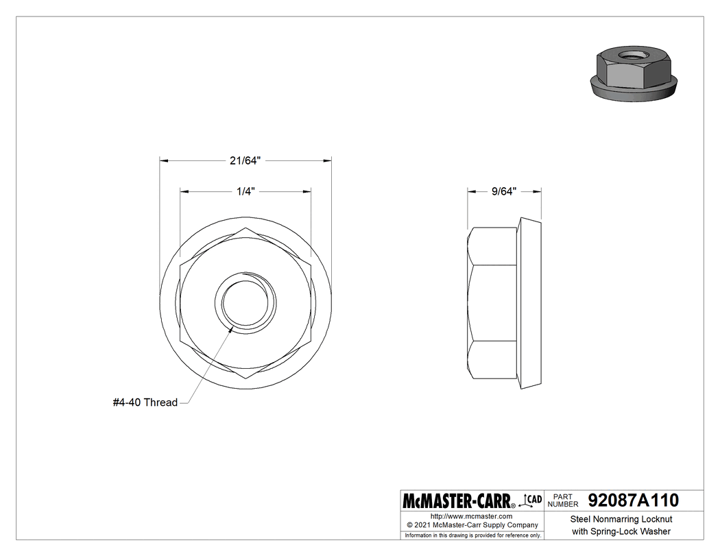 Technical Drawing of Black-Oxide Low-Strength Steel Locknuts, with Spring-Lock Washer, 4-40 Thread Size.